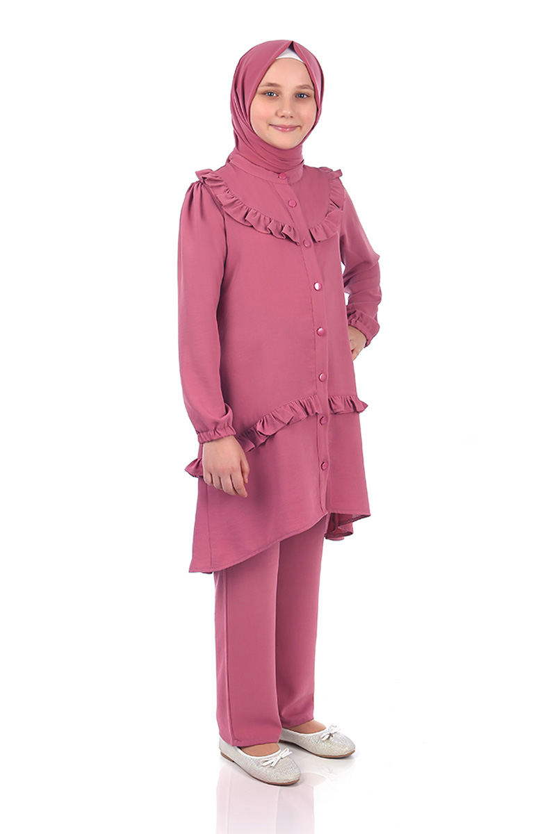 Çocuk Tesettür Tunik Takım Elisa Model Koyu Pudra 
