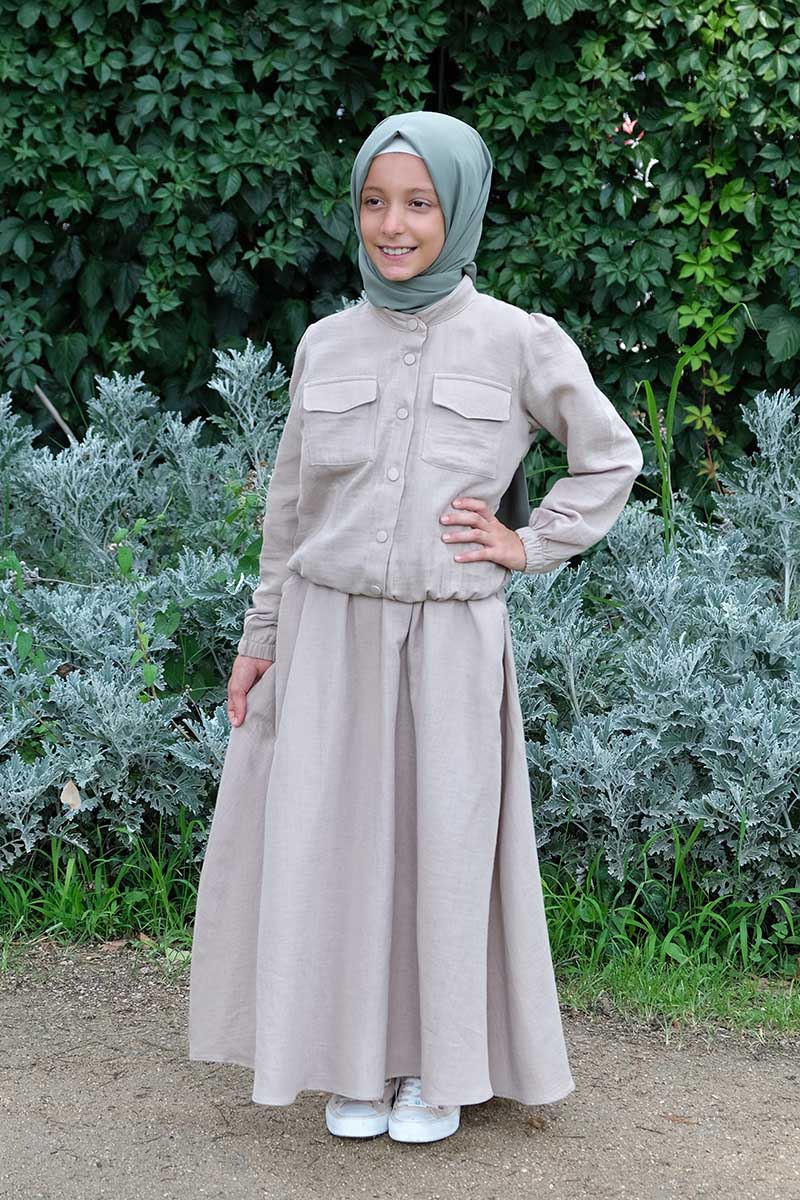 Çocuk Tesettür Tunik Takım Evin Model Krem - 1