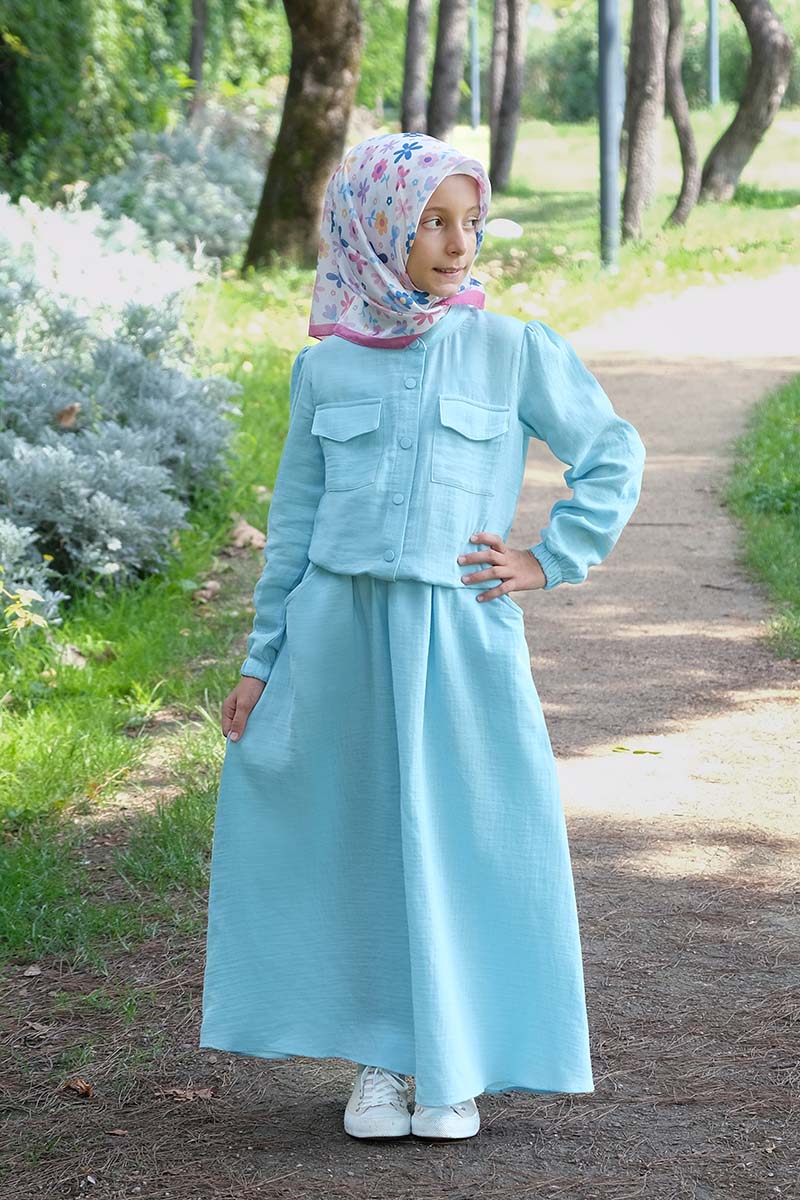 Çocuk Tesettür Tunik Takım Evin Model Mavi - 1