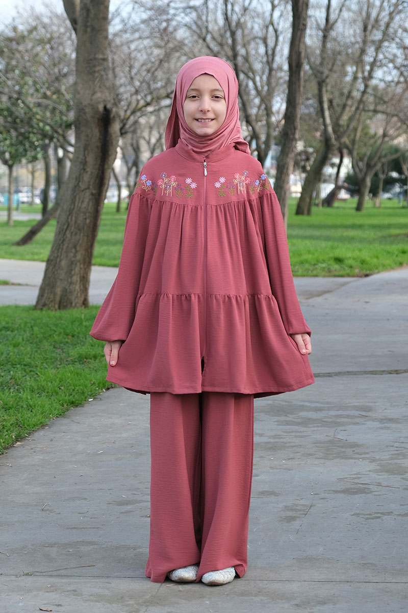 Çocuk Tesettür Tunik Takım Lamia Model Gülkurusu - 1
