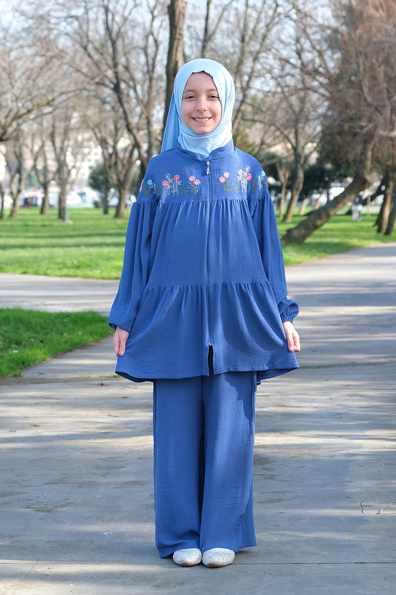 Çocuk Tesettür Tunik Takım Lamia Model Mavi - Mevlana Çocuk Tesettür