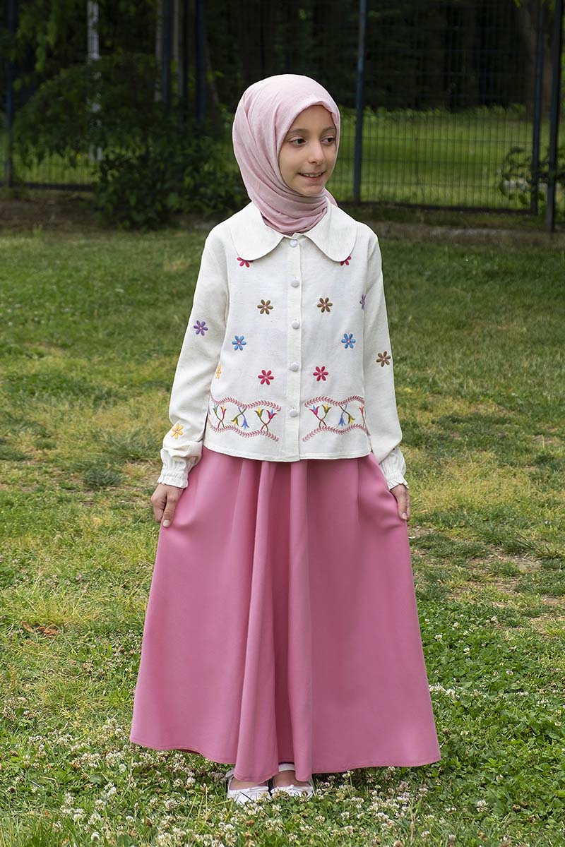 Çocuk Tesettür Tunik Takım Melike Model Pudra - 1