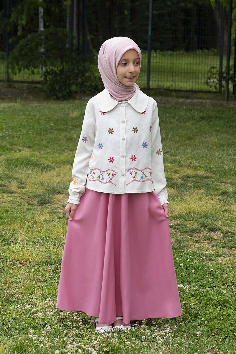 Çocuk Tesettür Tunik Takım Melike Model Pudra 