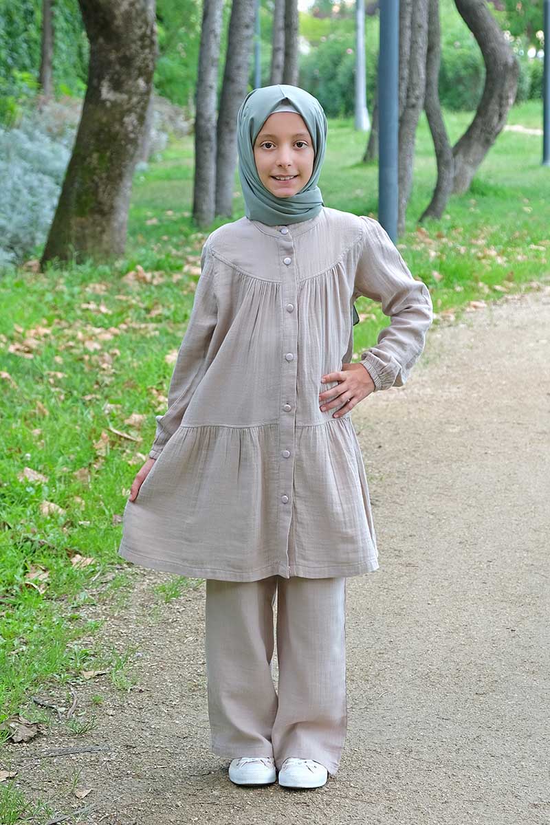 Çocuk Tesettür Tunik Takım Özgü Model Krem - 1