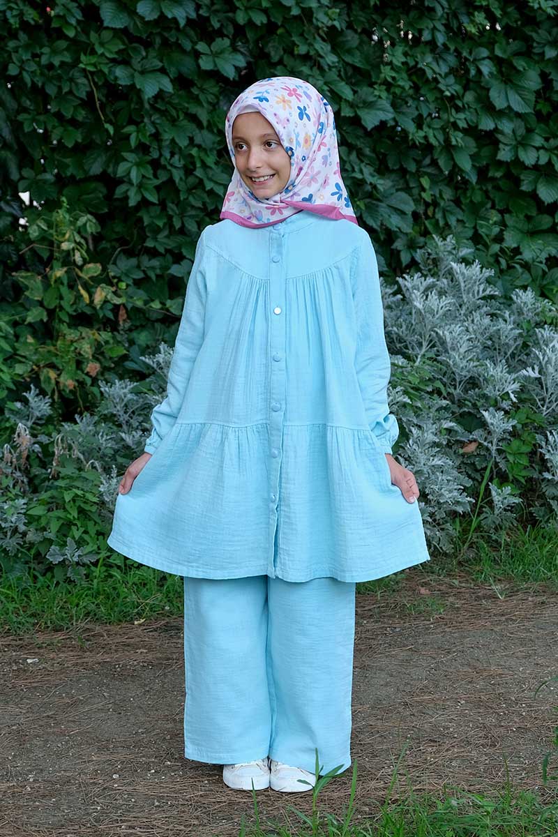 Çocuk Tesettür Tunik Takım Özgü Model Mavi 