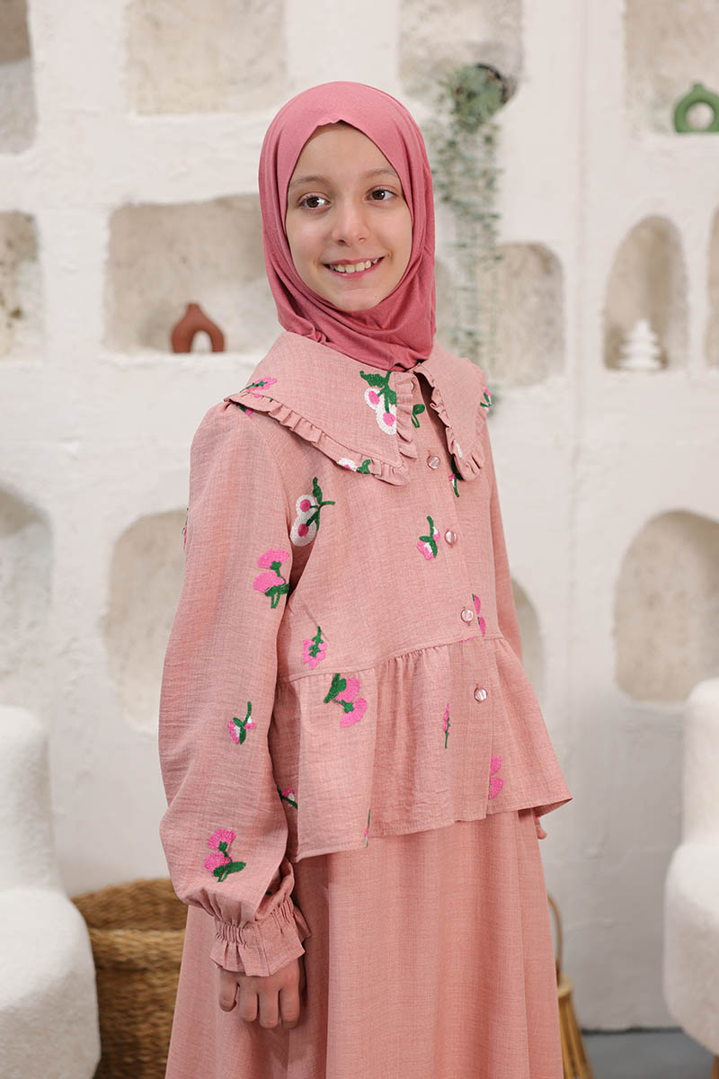 Çocuk Tesettür Tunik Takım Umay Model Pudra - 3