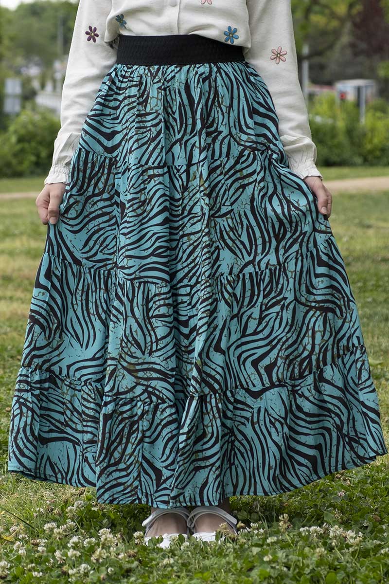 Çocuk Tesettür Uzun Etek Mavi Karışık Desen - Mevlana Çocuk Tesettür