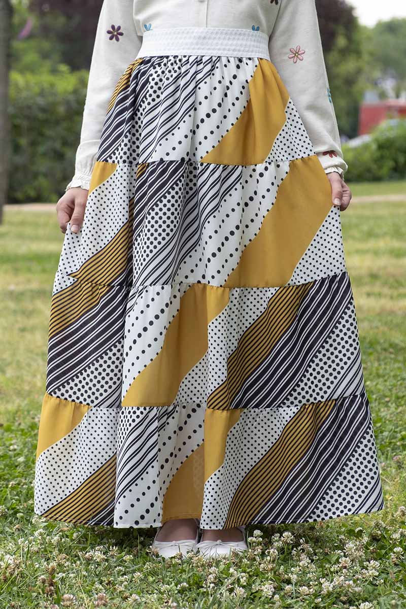 Çocuk Tesettür Uzun Etek Sarı Siyah Karışık Desen - Mevlana Çocuk Tesettür