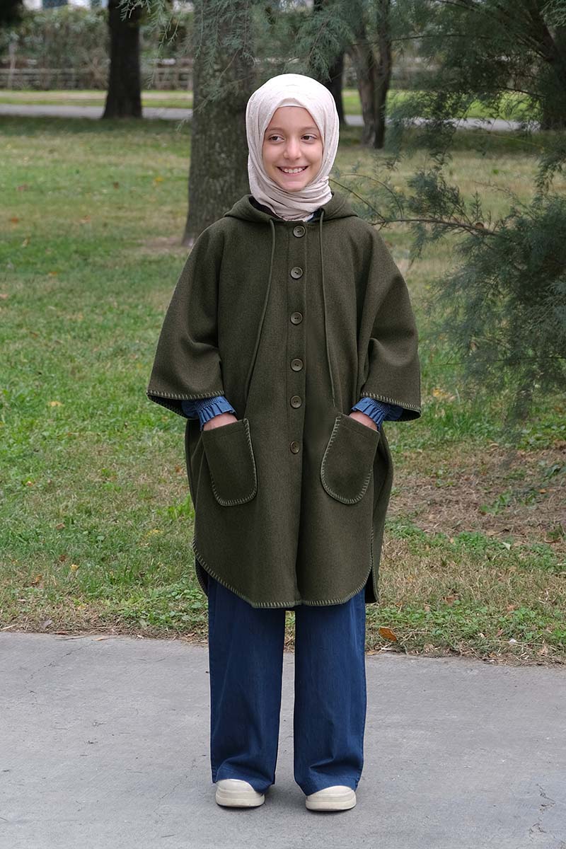 Kışlık Çocuk Panço Düğmeli Model Haki - 1