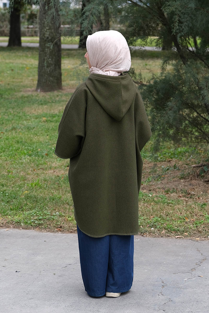 Kışlık Çocuk Panço Düğmeli Model Haki - 2