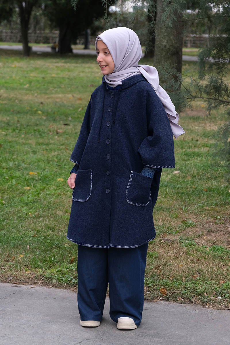 Kışlık Çocuk Panço Düğmeli Model Lacivert - 1