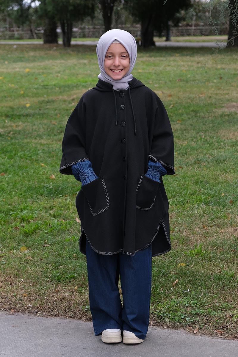 Kışlık Çocuk Panço Düğmeli Model Siyah - 1