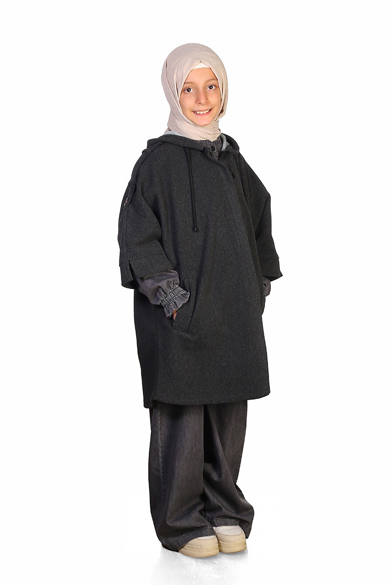 Kışlık Çocuk Panço Fermuarlı Model Füme - Mevlana Çocuk Tesettür