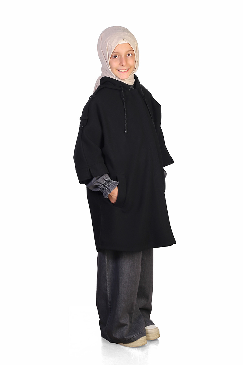Kışlık Çocuk Panço Fermuarlı Model Siyah - 1