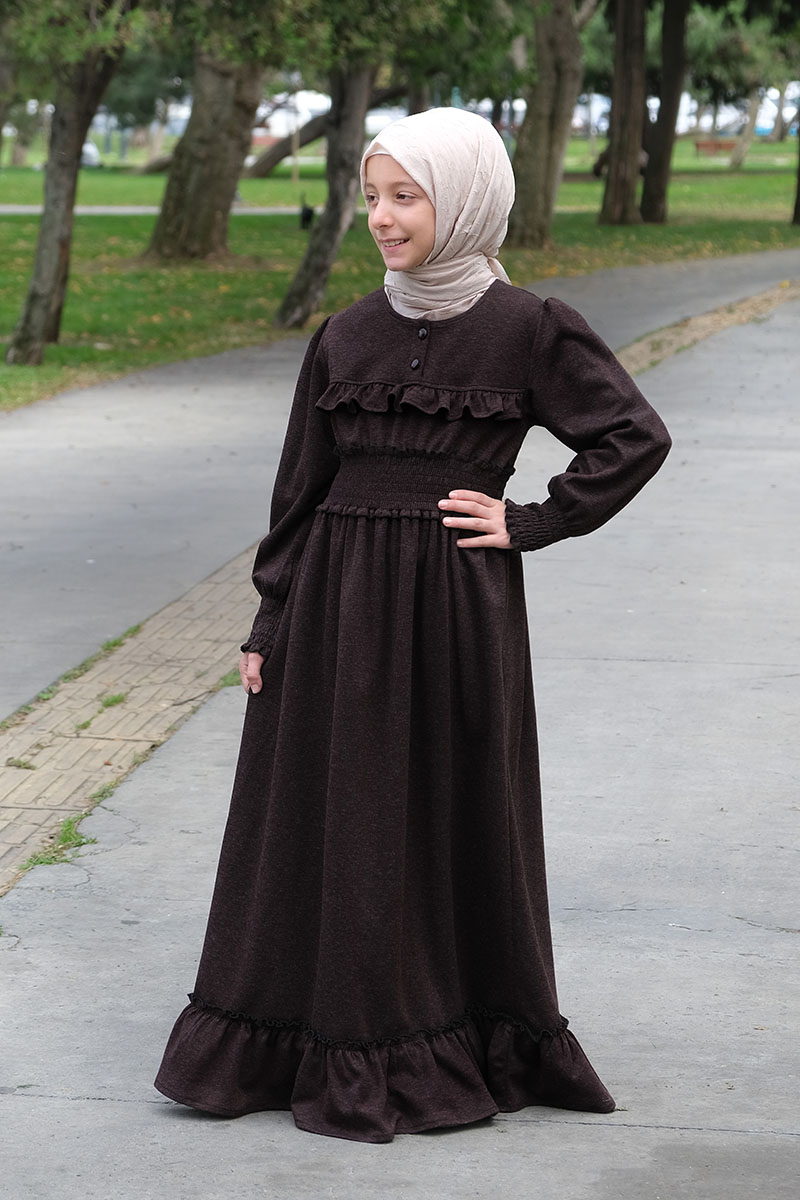 Kışlık Çocuk Tesettür Elbise Hifa Model Koyu Kahve - 1