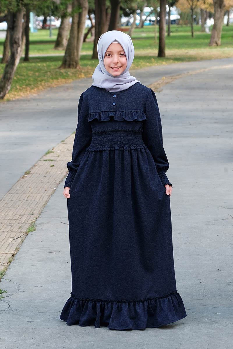 Kışlık Çocuk Tesettür Elbise Hifa Model Lacivert - 1