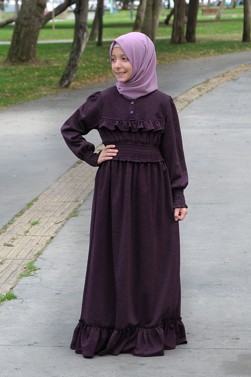 Kışlık Çocuk Tesettür Elbise Hifa Model Mor 