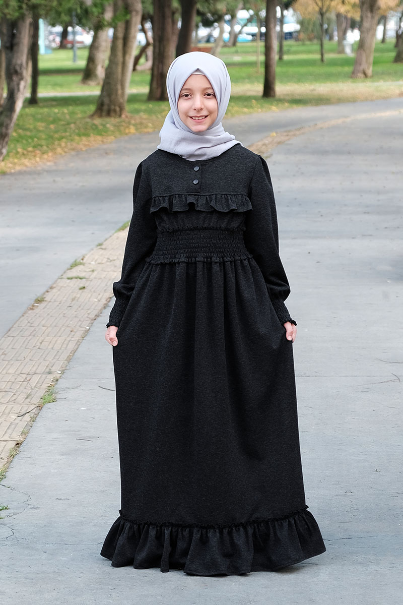 Kışlık Çocuk Tesettür Elbise Hifa Model Siyah - 1